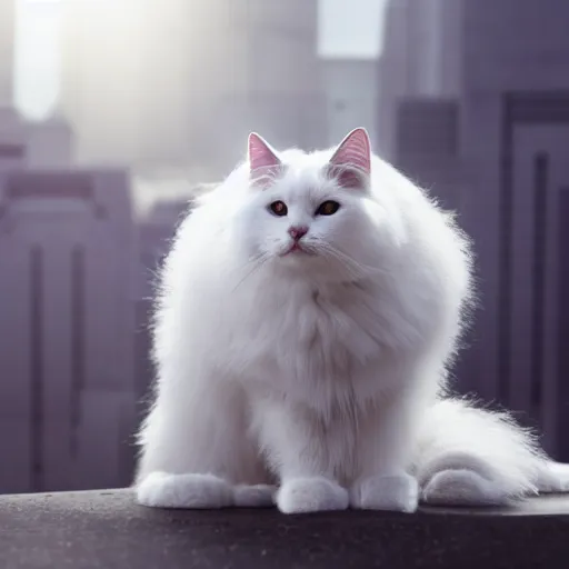 Image similar to a white fluffy cat dressed in cyberpunk aesthetics. 4k high quality exquisite.