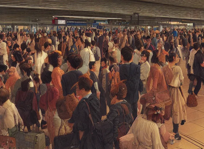 Image similar to people interior airport, crowd of people, portrait face, in the style of peter ferguson, frantisek kupka, intricate, miles johnston, kuroda seiki, cynical realism, ozabu, john william godward, painterly, yoshitaka amano, moebius, miles johnston, louise zhang, james jean