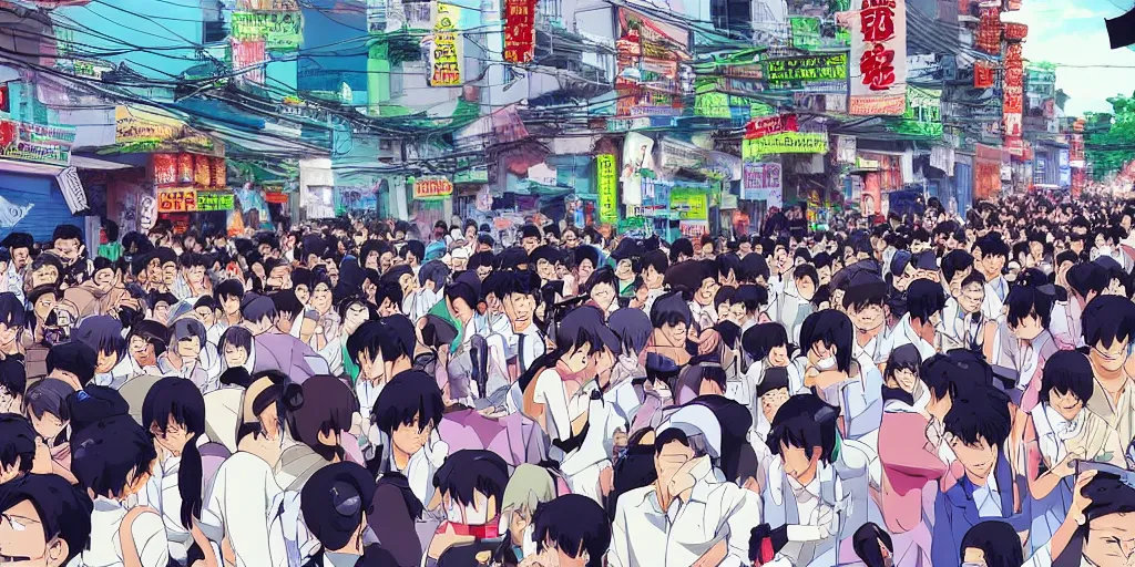 Prompt: streets of vietnam crowded dense urban hot cartoon style anime