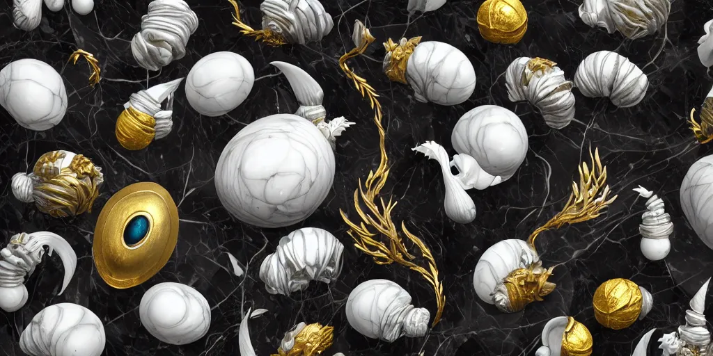 Prompt: hollow, knight, artisan, feathers, wide angle, italian masterpiece, Ashford Black Marble, sculpture, baroque, draped with white Hibiscus and vines faberge eggs, white marble and gold, drapes, snails, Obsidian, underwater, render, octane, artstation, ultra detailed