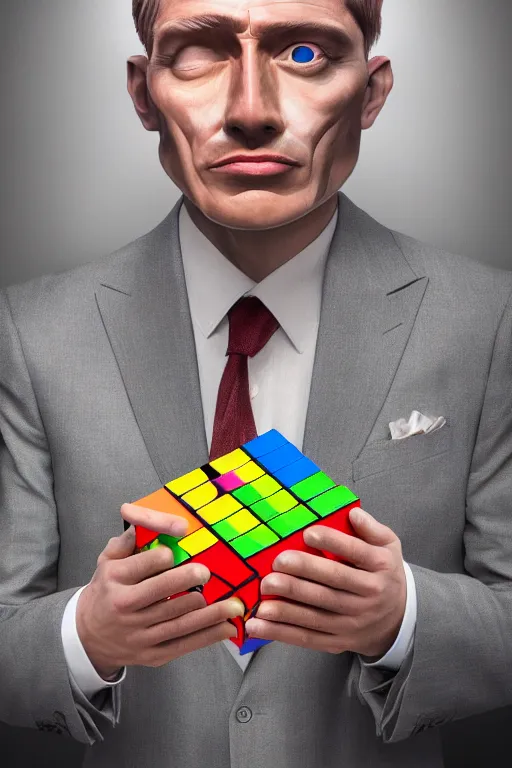 Prompt: a hyper - realistic hyper - detailed fine painting of a man wearing a suit and with a rubik's cube head, ultra - realistic detailed surrealism, magical realism, octane render