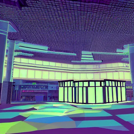 Prompt: abandoned mall with neon lights from a ps 1 game, low poly graphics