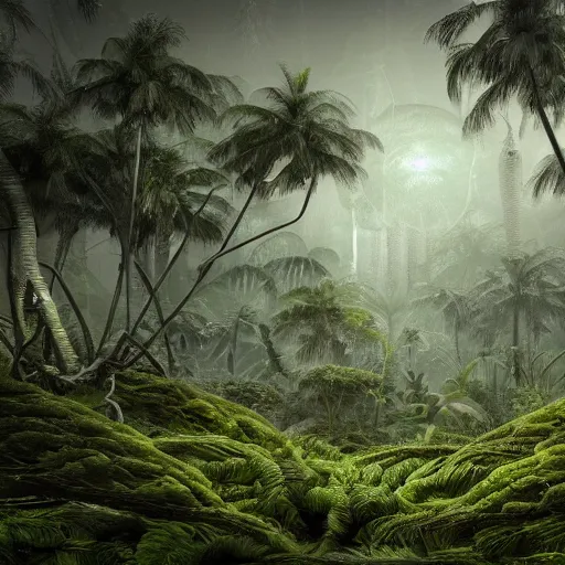 Prompt: !dream A realistic detailed photo of a futuristic jungle, alien plants, grey sky, hidden animals, some fallen trees, foggy landscape, light particles, detailed light, realistic shaders, trending on artisation, detailed textures, detailed, realistic