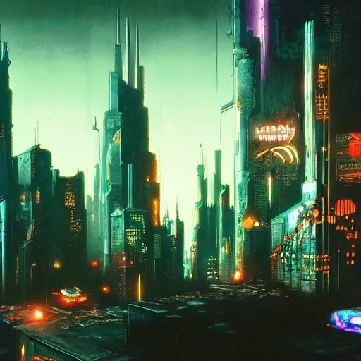 Image similar to gotham city retrofuturistic cityscape, cyberpunk 2 0 7 7 and beksinski art style