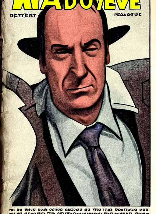 Image similar to portrait of bob odenkirk as saul goodman in the style of a detective book cover ace - high detective magazine 1 9 3 6, mad magazine, cover