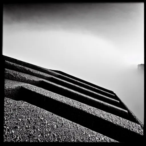 Image similar to black and white surreal photograph, highly detailed vast space made of stairsteps, sideview, detailed textures, natural light, mist, architecture photography, film grain, soft vignette, sigma 1 4 mm f / 1. 4 1 / 1 0 sec shutter, imax 7 0 mm footage