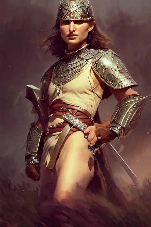 Image similar to natalie portman, legendary warrior, heroic, lord of the rings, tattoos, decorative ornaments, battle armor, by carl spitzweg, ismail inceoglu, vdragan bibin, hans thoma, greg rutkowski, alexandros pyromallis, perfect face, fine details, realistic shading photorealism