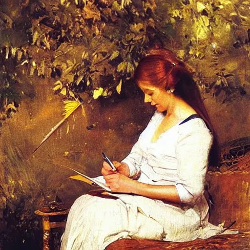 Prompt: a woman is writing a letter with a golden feather pen, by anders zorn, oil painting