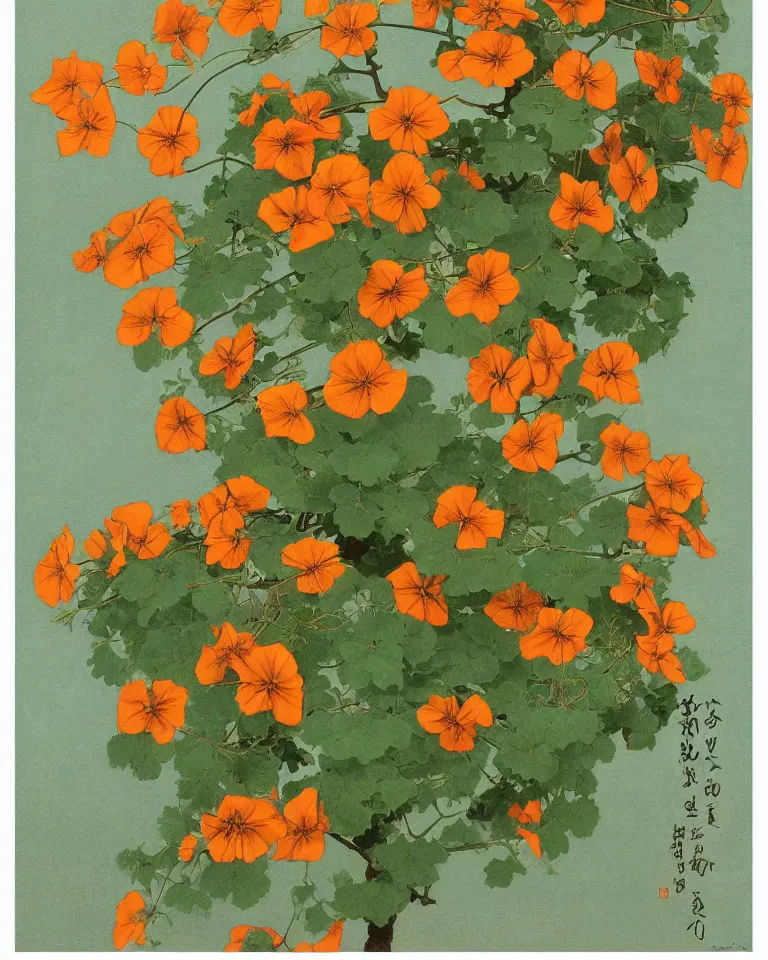 Image similar to fine painting of tropaeolum majus. high definition, earthly tones, soft natural light, pastel, 4 k, matte, trending on artstation. painted by thaddeus welch, hirano miho and hokusai katsushika.