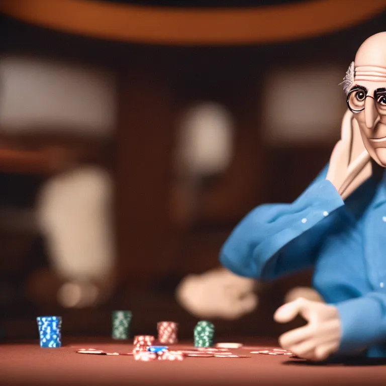 Image similar to a cinematic film still of a claymation stop motion film starring larry david playing poker, portrait, shallow depth of field, 8 0 mm, f 1. 8