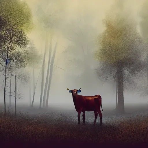 Prompt: Highly realistic painting of a cow standing in the middle of a dark forest, oak trees, fog, moody lighting, volumetric lighting