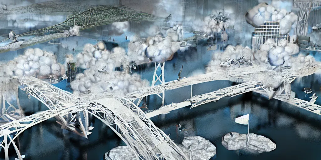 Image similar to explosions in the form of realistic white cotton plants on harbour bridge, huge white cotton everywhere on the destroyed harbour bridge, smooth, sharp focus, highly detailed, 3 d octane render, epic lighting, lots of white cotton, 8 k, by greg rutkowski and artgerm