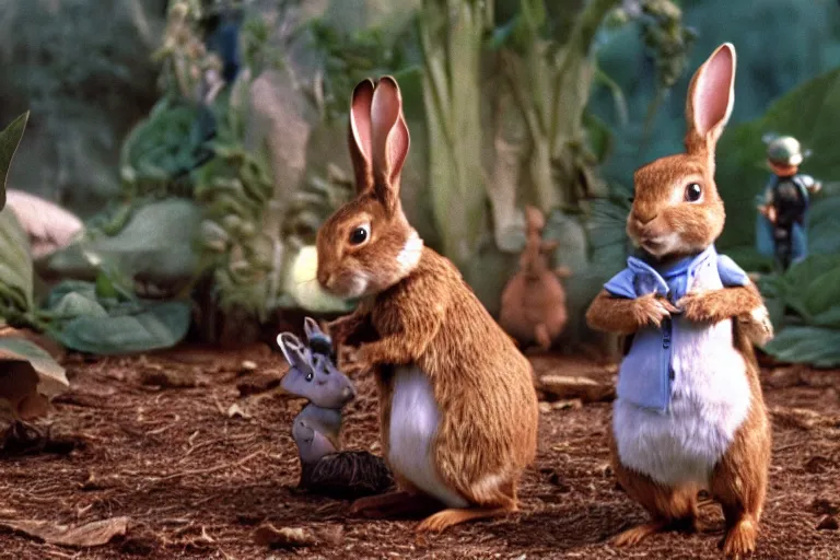 Image similar to Peter Rabbit in Starship Troopers (1997), highly detailed, high quality, HD, 4k, 8k, Canon 300mm, professional photographer, 40mp, lifelike, top-rated, award winning, realistic, sharp, no blur, edited, corrected, trending