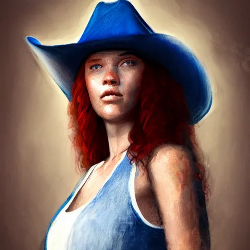 Image similar to an portrait of an beautiful woman wearing white t shirt and a blue vest and a cowboy hat, goddess, dirty clothes, flowing red hair, digital painting, artstation, concept art, soft light, hdri, smooth, sharp focus, illustration, fantasy, intricate, elegant, highly detailed, D&D, matte painting, in the style of Greg Rutkowski and Alphonse Mucha and artemisia, 8k, highly detailed, jurgens, rutkowski, bouguereau, pastoral, rustic, georgic, detailed concept art, illustration, colorful pastel, painting, detail, ultra detailed, digital art, 4K, unreal engine 5, 16k resolution,