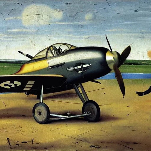 Prompt: oil painting by hieronymous bosch of a pilot preparing for take - off in p - 5 1 mustang.