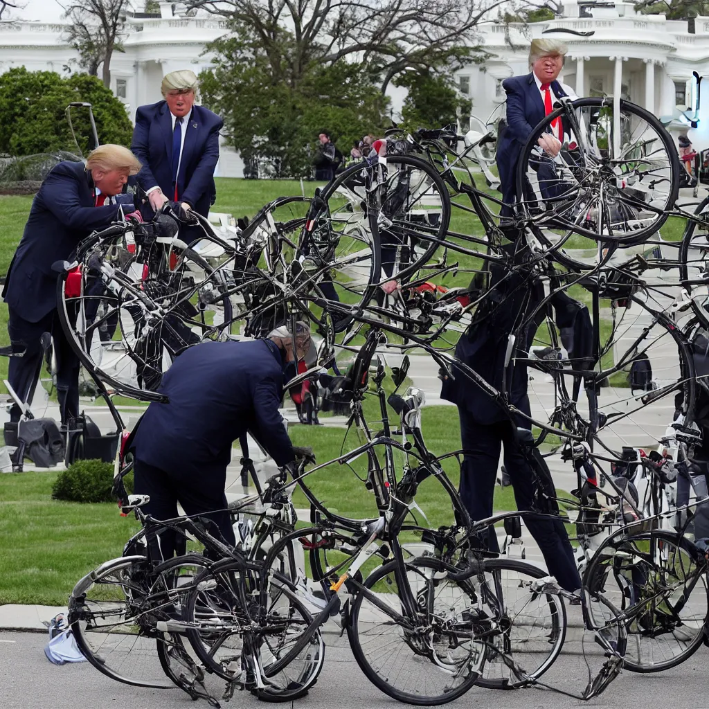 Image similar to trump repairs his bicycle outside the white house