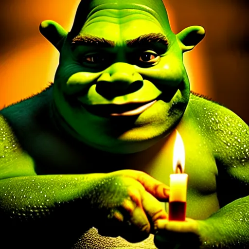 Image similar to shrek holding a candle ultra realistic, lens flare, atmosphere, glow, detailed, intricate, full of colour, cinematic lighting, trending on artstation, 4 k, hyperrealistic, focused, extreme details, unreal engine 5, cinematic, masterpiece, ultra realistic, hyper realistic, highly detailed, sharp focus, digital art