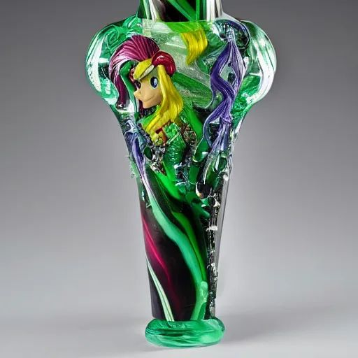 Image similar to A beautiful detailed vase designed by HR Geiger, translucent, onyx ruby and malachite, my little pony, evil