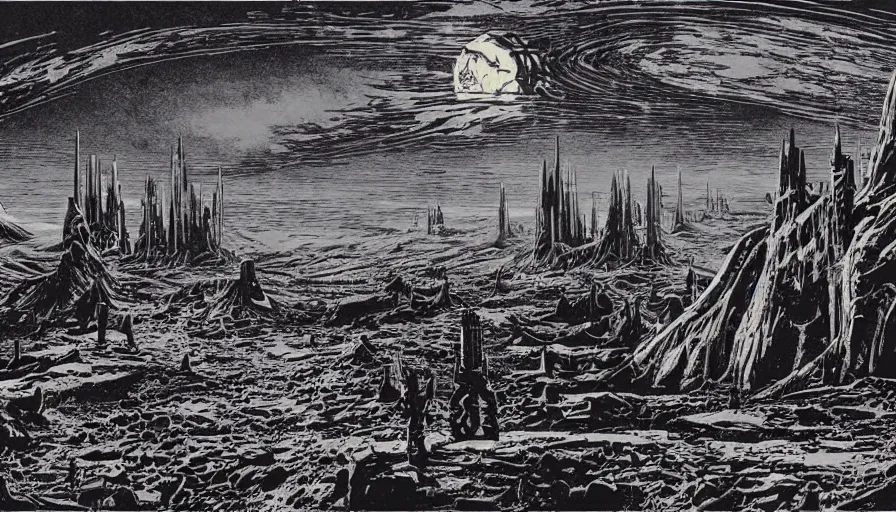 Prompt: linocut print of a desolate colony on mars by simon bisley, hr giger and beksinski, ink, detailed, clean lines