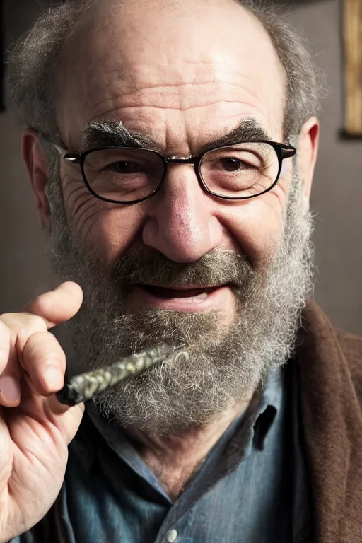 Image similar to saul berenson from homeland, ultra hd photo, 3 5 mm close up, fish eye, realistic, smiling, holding a hookah