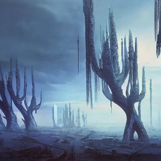 Image similar to future forest city attacked, trees, plant, broken buildings, doom of the gods, monster, gravity mess, star trek, glory war, photograph, by arthur haas and bruce pennington and john schoenherr, cinematic matte painting, zaha hadid building, photo realism, dark moody color palate, blue hour stars, desolate glacial landscape,