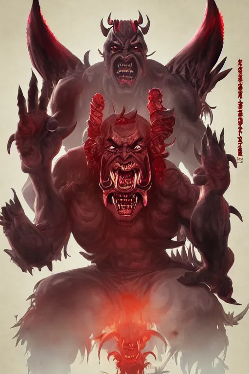 Image similar to beautiful cinematic horror poster with Oni Tengu demons from Japan , hybrid from Doom and art direction by Darius Zawadzki ;by artgerm; wayne reynolds art station; cinematic quality character render; low angle; ultra high quality model; production quality cinema model;