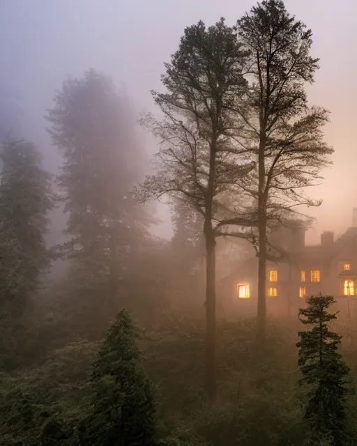 Prompt: a wide angle low photo of a colossal ghostly victorian mansion on the edge of a cliff above a misty forest at night, volumetric light, epic proportions, ultradetailed, 8 k