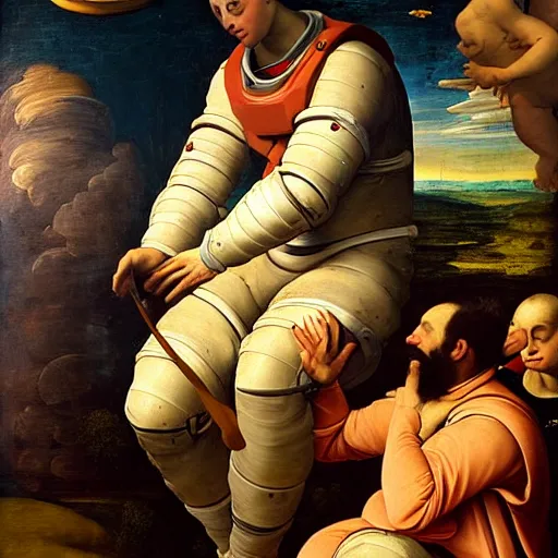 Image similar to beautiful renaissance painting of an astronaut floating in space