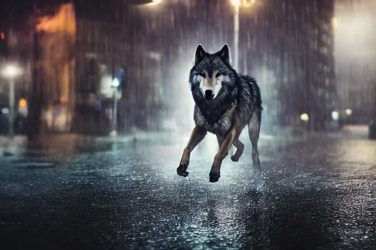 Image similar to an anthropomorphic male wolf running in the streets, night, rain, cinematic, photograph, volumetric lighting, f 8 aperture, cinematic eastman 5 3 8 4 film, photorealistic