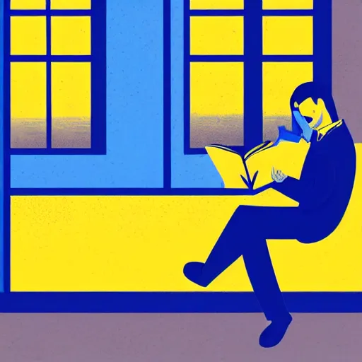 Image similar to a beautiful illustration of a man reading a book in coffee shop corner. blue and yellow color scheme. by tomhaugomat