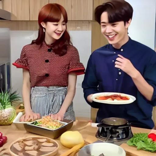 Image similar to BTS k-pop stars cooking show in 4k in gourmet kitchen with great lighting with Emma Watson as guest host