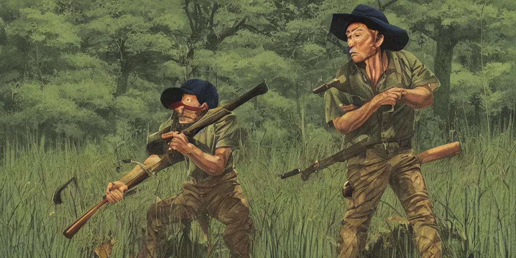 Prompt: a man with a baseball hat and a rifle in a lush green swamp field, sneaking, japanese illustrator, 1 9 8 0 s, matte colors, stephen king, post apocalyptic film concept