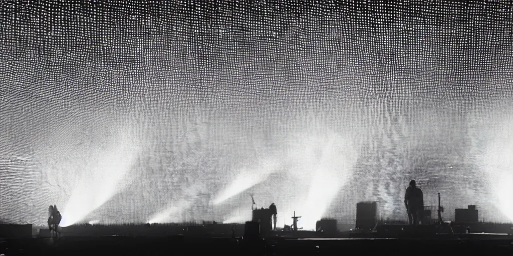 Image similar to Thom Yorke singer songwriter, Radiohead group of people on stage playing instruments, elaborate stage effects, dust, smoke, giant LED screens, colored projections, ultrafine detail, glowing thin wires, smoke, high contrast, projections, a screenshot by David Gilmour Blythe, holography, tesseract, volumetric lighting, anamorphic lens flare