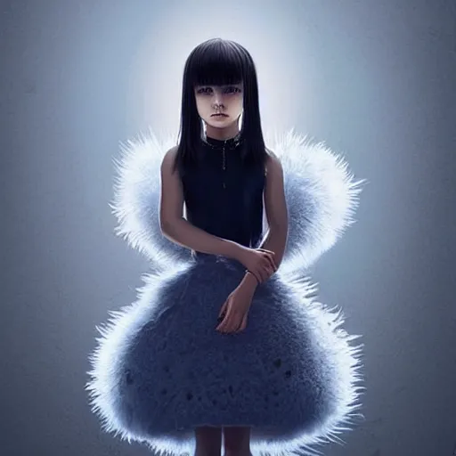 Image similar to little girl with an eccentric haircut wearing an dress made of feathers, artwork made by ilya kuvshinov