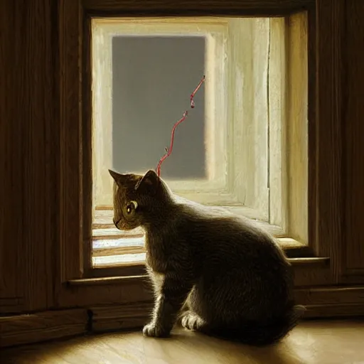 Image similar to house cat eating a vine in the living room next to a door by greg rutkowski