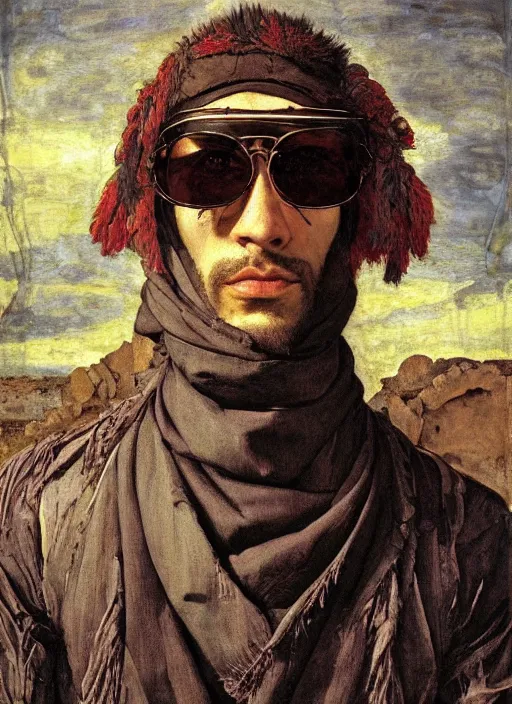 Prompt: close - up portrait of a handsome man wearing sunglasses a scarf and a balaclava with intricate psychodelic patterns, by edgar maxence and caravaggio and michael whelan and delacroix style, artistic, intricate drawing, light brazen, realistic fantasy, extremely detailed and beautiful aesthetic face, establishing shot, 8 k resolution, dramatic lighting