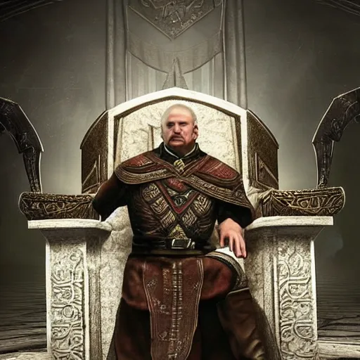 Prompt: Alexander Lukashenko as a Jarl of Belarus Hold in The Elder Scrolls V: Skyrim sitting on his throne in a slumped pose