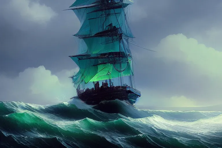 Image similar to blue and green waves in style of Aivazovskiy, hypermaximalistic, high details, cinematic, 8k resolution, beautiful detailed, insanely intricate details, artstation trending, octane render, unreal engine,