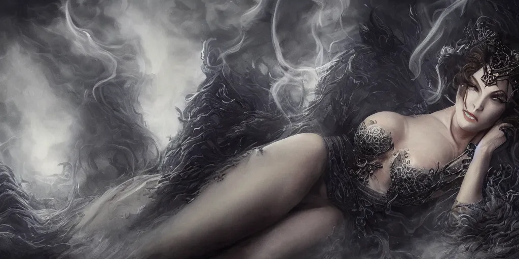 Prompt: a highly detailed matte painting of a gorgeous sultry evil dream woman made of smoke and appearing in a vision, stephanie seymour, elizabeth hurley, mathilda may, gayle hunnicutt, ominous, foreboding, dark, trending on artstation,