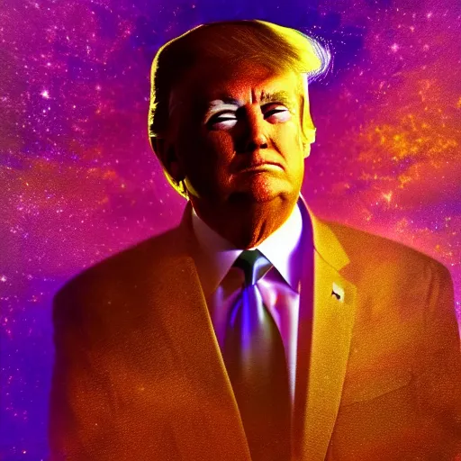 Image similar to portrait of an ethereal donald trump made of purple light, divine, cyberspace, mysterious, dark high-contrast concept art