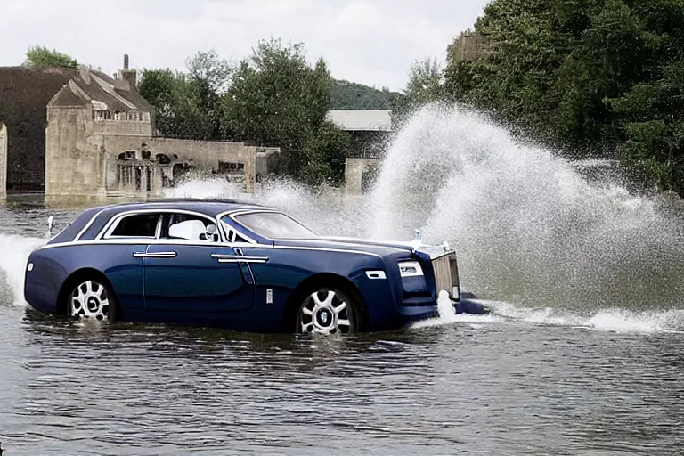 Image similar to Group of teenagers push Rolls-Royce into lake with their hands from a small slide wanting to drown him