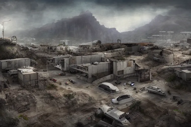 Image similar to favela hospital hangar bunker, desert environment, industrial factory, cliffs, gloomy, milky way, award winning art, epic dreamlike fantasy landscape, ultra realistic,