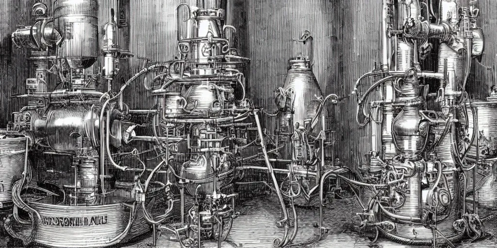 Prompt: machine apparatus for making snake oil, huge copper machine fed by green pipework, art by glenn fabry and wayne barlowe, barrels of snake oil in a hermetically sealed production line
