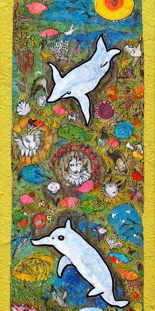 Prompt: tiny dolphin deer singing, children's book illustration, traditional folk art style, reliefed mixed media collage, outsider art, David Palladini, Hisako Aoki, tarot card, Henry Darger, Louis Wain