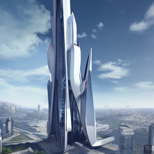 Image similar to futuristic tower by zaha hadid and renzo piano and syd mead and buckminster fuller, artstation, unreal game engine, contemporary architecture, photo journalism, photography, cinematic, national geographic photoshoot