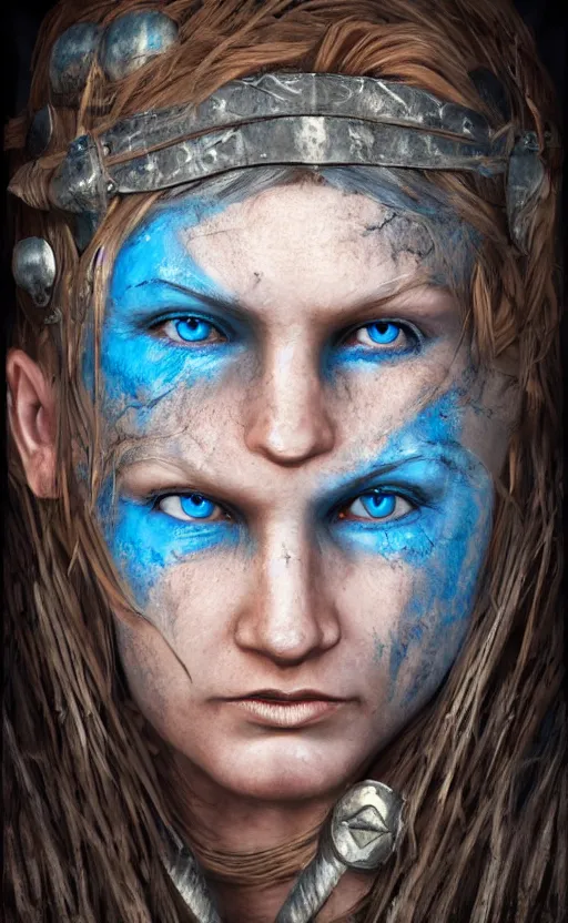 Image similar to photorealistic portrait of female viking warrior with large sad blue eyes, dirty skin, shoulders