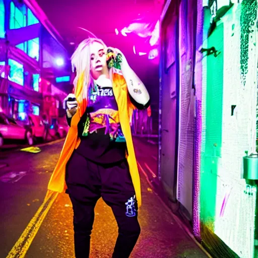 Image similar to billie eilish in the street, explosion of neon lights