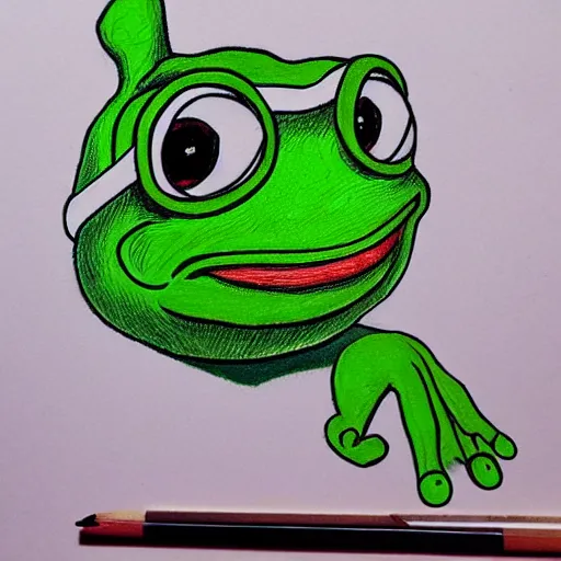 Image similar to detailed 3d pencil drawing of pepe the frog in the style of matt furie feels good man, shadows, cool, hand drawn