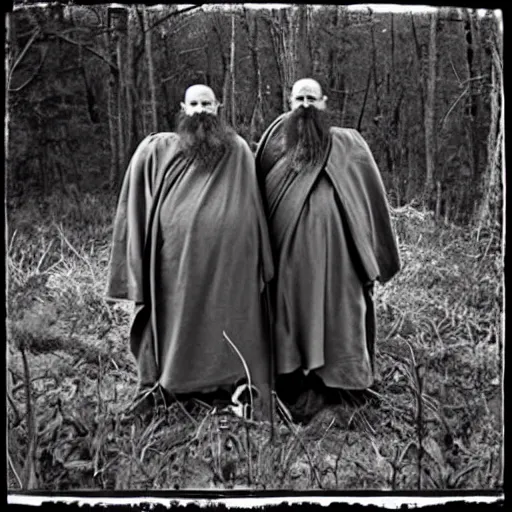 Prompt: trail _ camera _ photo _ of _ a _ breaton monks looking like rasputin with some ghost shadows _ realistic _ spooky _ grimdark _ night _ black _ and _ white