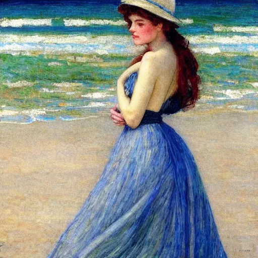 Image similar to painting of a young woman with a hat on at a beach by Guy Rose and Geroges Clarin, high quality, highly detailed, Romanticism, 1900s, oil painting, coherent